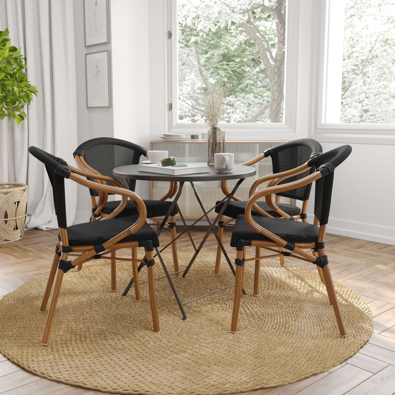 Merrick Lane Mael Set of Four Stacking Thonet Bistro Style Chair with Arms, Textilene Seat, and Bamboo Finished Metal Frame for Indoor/Outdoor Use